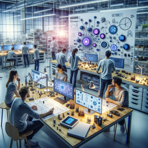 DALLE 2024 Ein Team von Ingenieuren und Entwicklern arbeitet in einem hochmodernen Labor an der Entwicklung innovativer IoT Geräte.